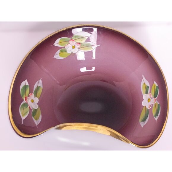 Bohemian Amethyst Purple w Gold Accent Hand Painted Folded Czech Art Glass Bowl - Picture 3 of 15